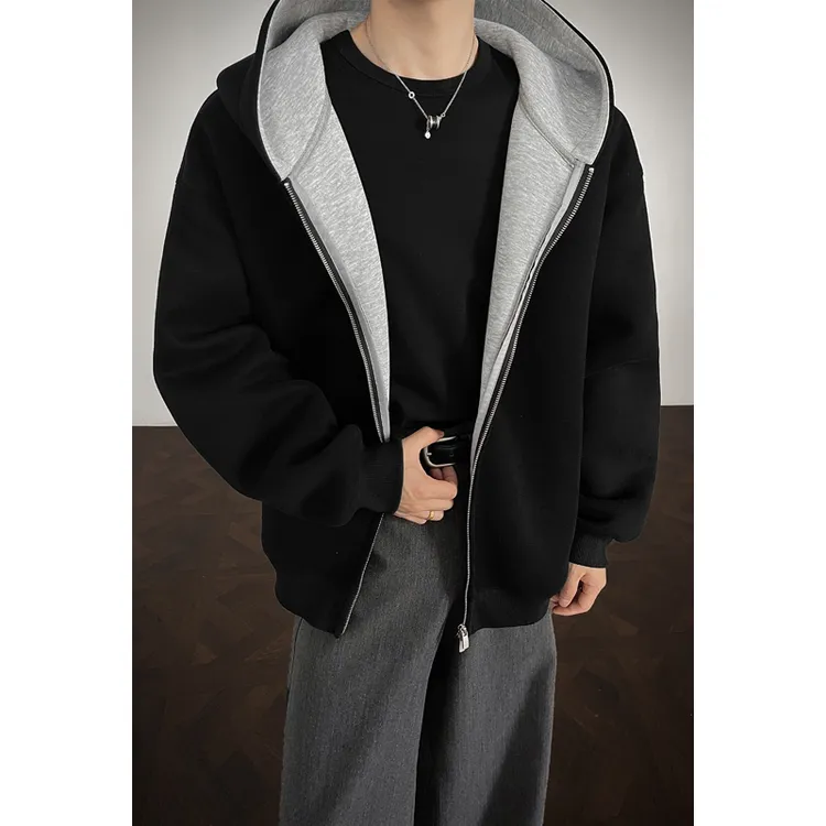 双拉链开衫卫衣男款春秋高级感廓形美式高街重磅硬挺潮牌连帽外套