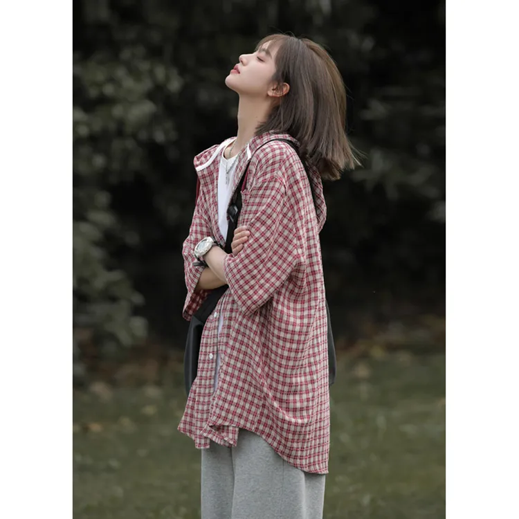 脏粉色格子衬衫男短袖潮牌美式七分袖衬衣oversize连帽情侣装宽松