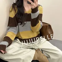 慵懒感撞色条纹2025年早秋新款宽松休闲显瘦针织衫上衣女长袖套头
