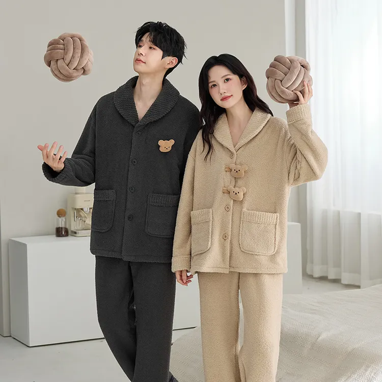 半边绒情侣睡衣秋冬季女款休闲宽松毛绒加厚冬天男士家居服套装