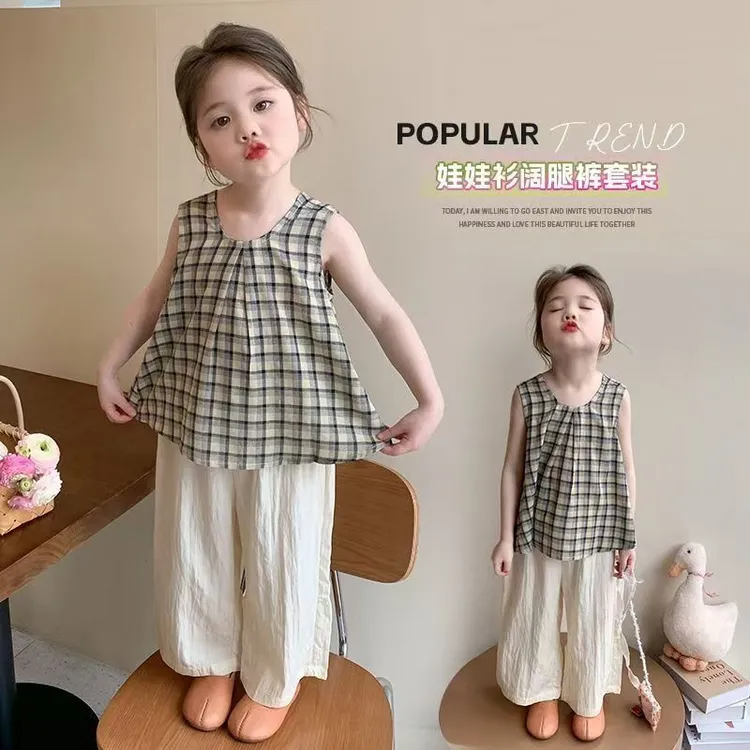 女童夏季套装2025新款洋气无袖中小女童格子森系宽松防蚊裤两件套