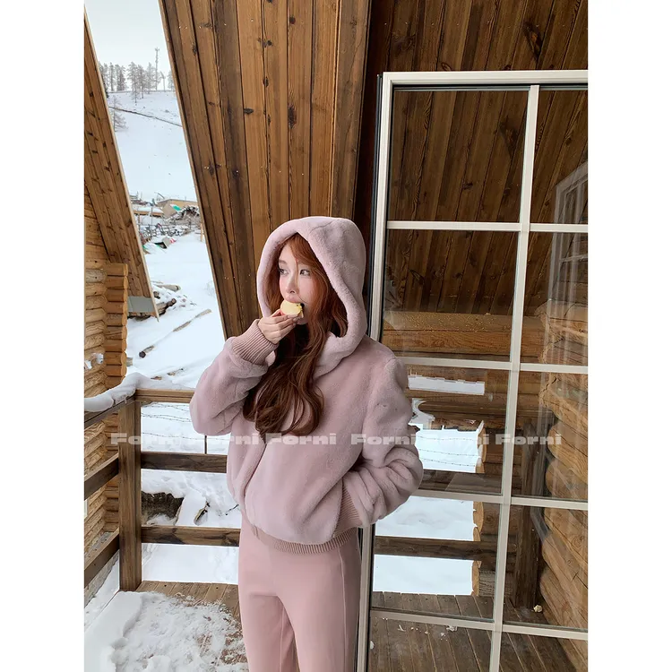 FORNI 解压套装 双面穿仿兔毛全棉卫衣休闲微喇卫裤套装