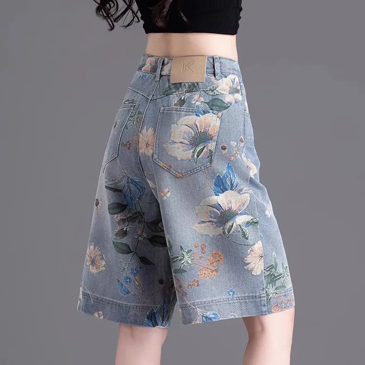 蓝色印花牛仔短裤女夏薄款2025新款宽松阔腿中裤高腰直筒五分裤子