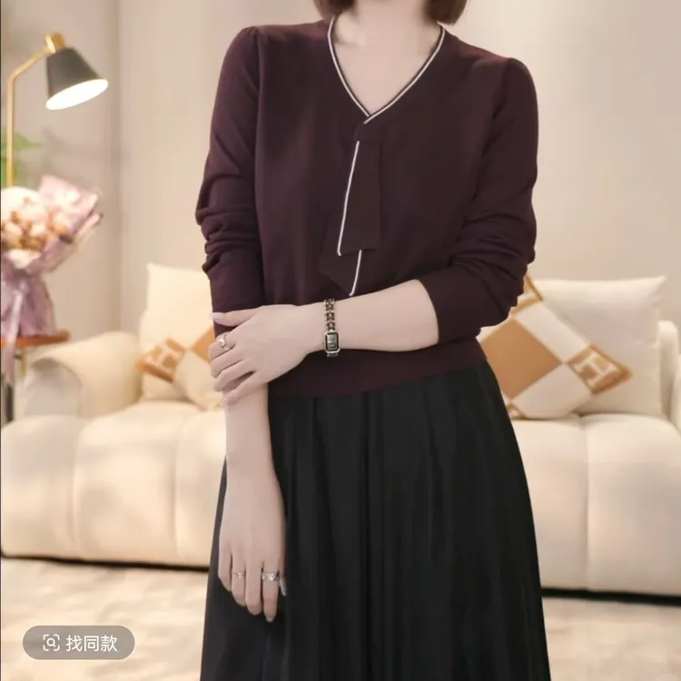 针织上衣纯色毛针织衫女装女黑色显瘦秋季V领长袖