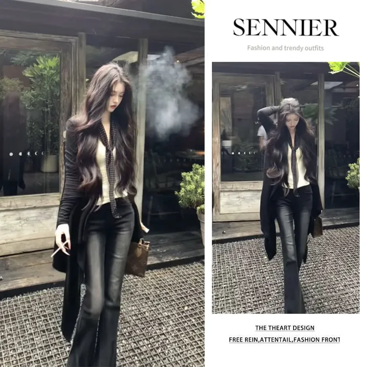 2025早秋新款不规则长袖针织开衫修身背心显瘦微喇牛仔裤三件套女