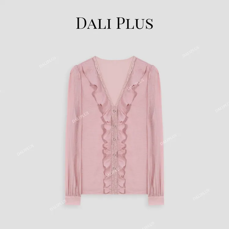 DALI PLUS原创设计 醋酸天丝蕾丝贴边V领荷叶边衬衫-D5ST1077