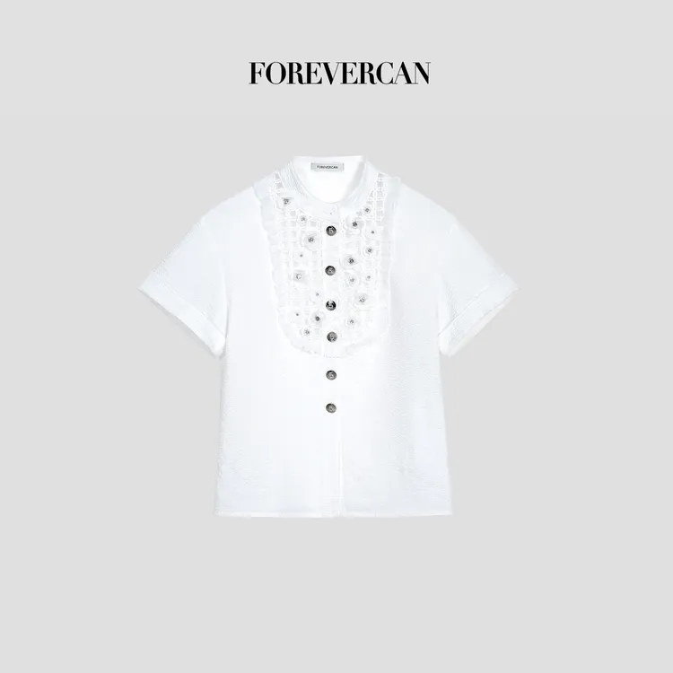FOREVERCAN“埃斯特”宫廷风立体花朵立领镂空短袖衬衫ST23587
