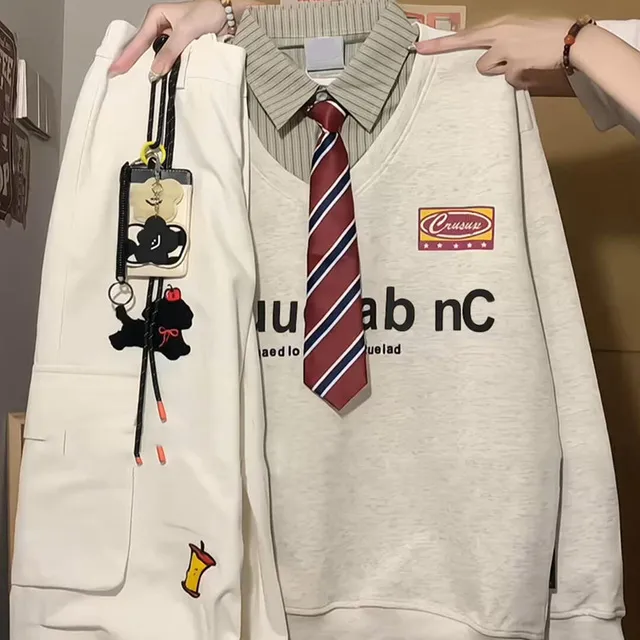 美式嘻哈高街学院风假两件polo领卫衣女春秋慵懒休闲情侣百搭上衣