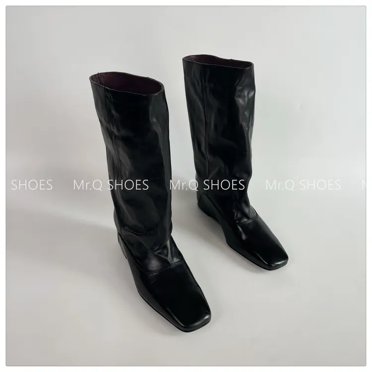 34-40码/跟高5cm/黑棕/极简方头小众百搭慵懒褶皱感中筒靴