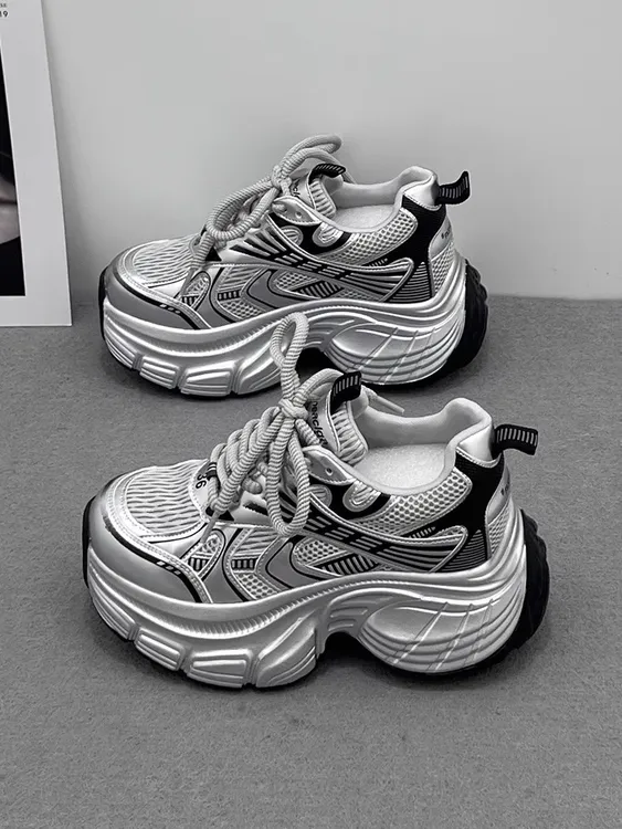 欧货老爹鞋女超火2025春季新款爆款厚底内增高8CM银色运动休闲鞋