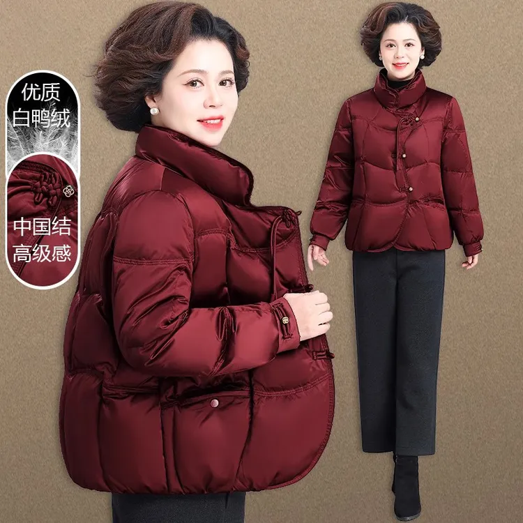 新中式妈妈冬装羽绒服短款奶奶喜服婚宴上衣中老年人冬季外套女款