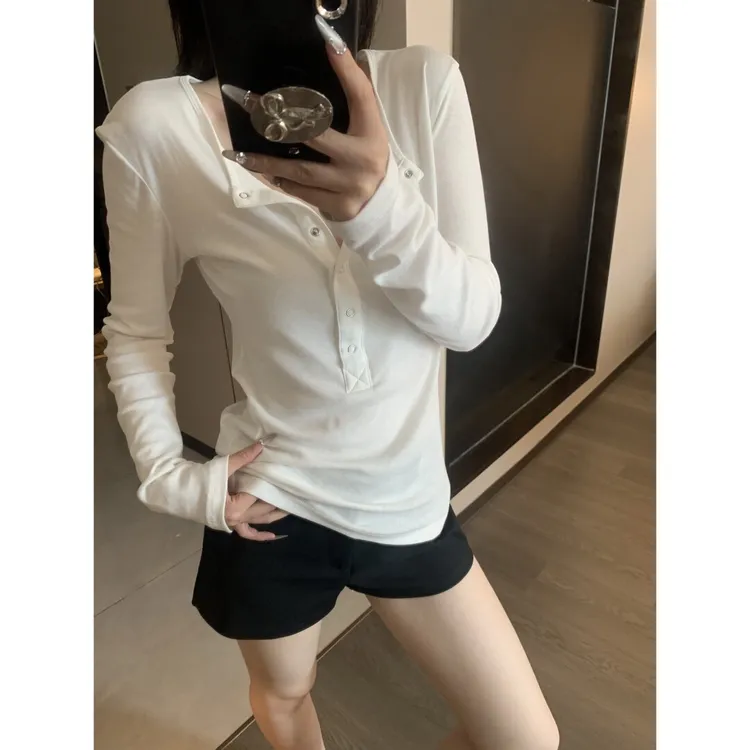 韩系亨利领纽扣白色长袖T恤女秋季新款修身显瘦内搭打底衫上衣