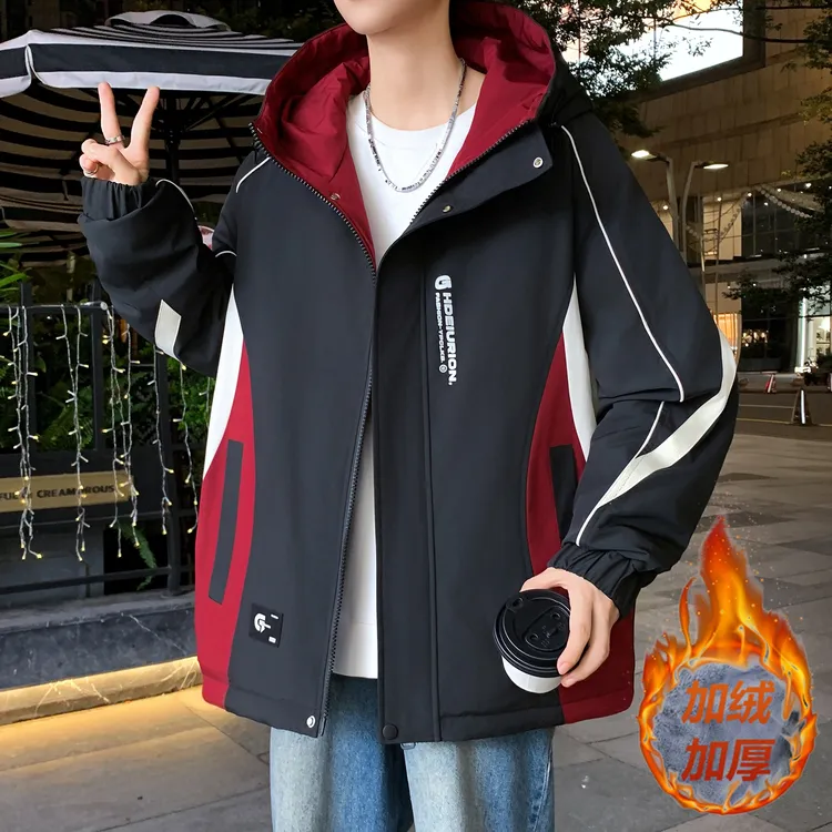 2025秋冬季新款青少年韩版潮牌夹克男生加绒加厚连帽外套宽松男装