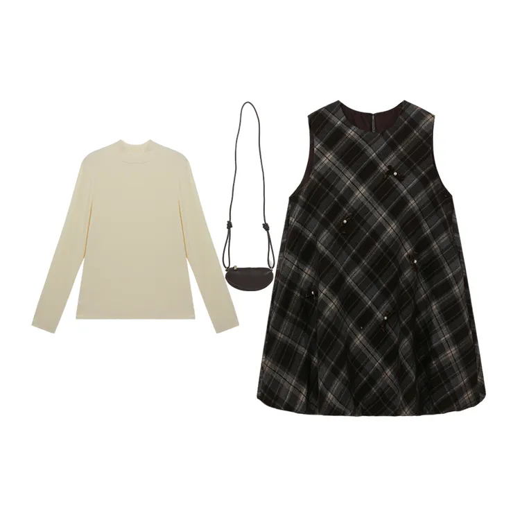 西町村屋甜美内外套2025冬新款蝴蝶结格纹花苞裙含包包CAAD10427
