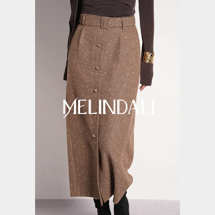 Melinda Li【琥珀金咖】优雅通勤职场气质金葱绵羊毛长直筒半裙