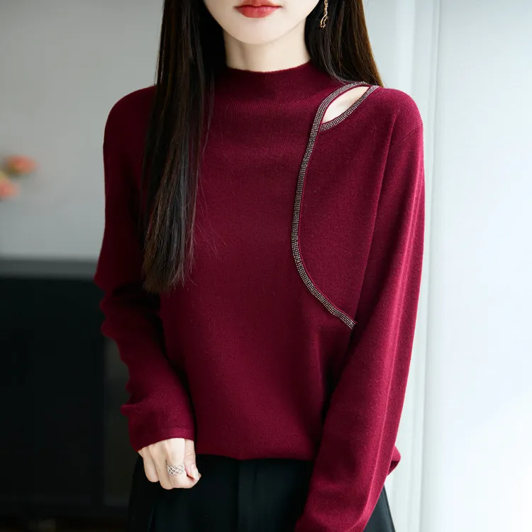 厂家批发2025秋季新款精纺6羊毛细钻露肩长袖针织衫打底衫毛衣女