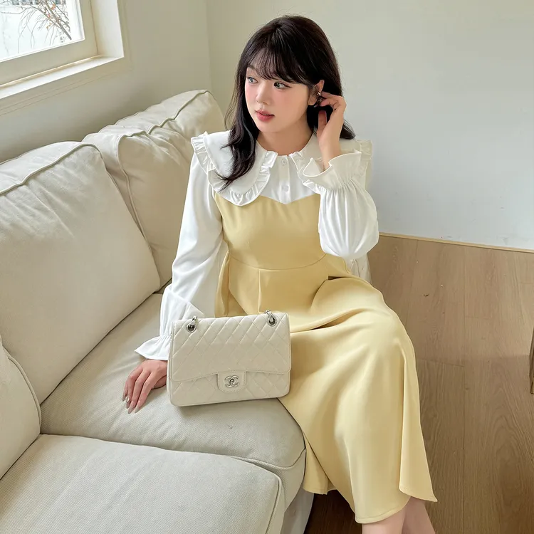 大码女装娃娃领假两件连衣裙法式学院派微胖mm大码连衣裙裙子MM