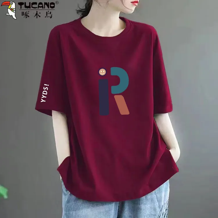 啄木鸟正品纯棉短袖t恤女装2025新款百搭宽松显瘦半袖圆领上衣夏