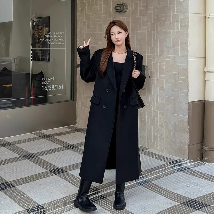 大码加长款黑色毛呢外套女秋冬季新款高个子减龄显瘦加厚呢子大衣