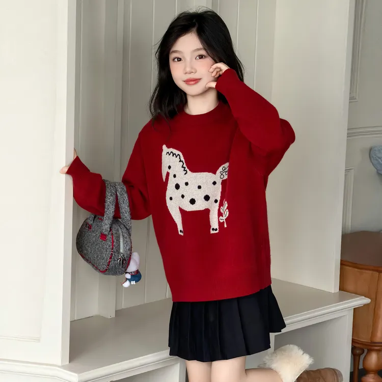 女童红色小马毛衣2025新款大童女孩冬装上衣加厚针织衫拜年服洋气