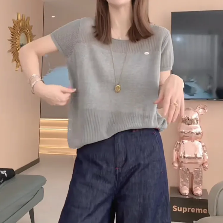 大码女欧货宽松薄款针织衫短袖恤夏季新款胖显瘦遮肚上衣