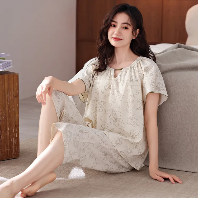 睡衣女夏季纯棉短袖七分裤带胸垫防凸点薄款凉感可外穿家居服套装