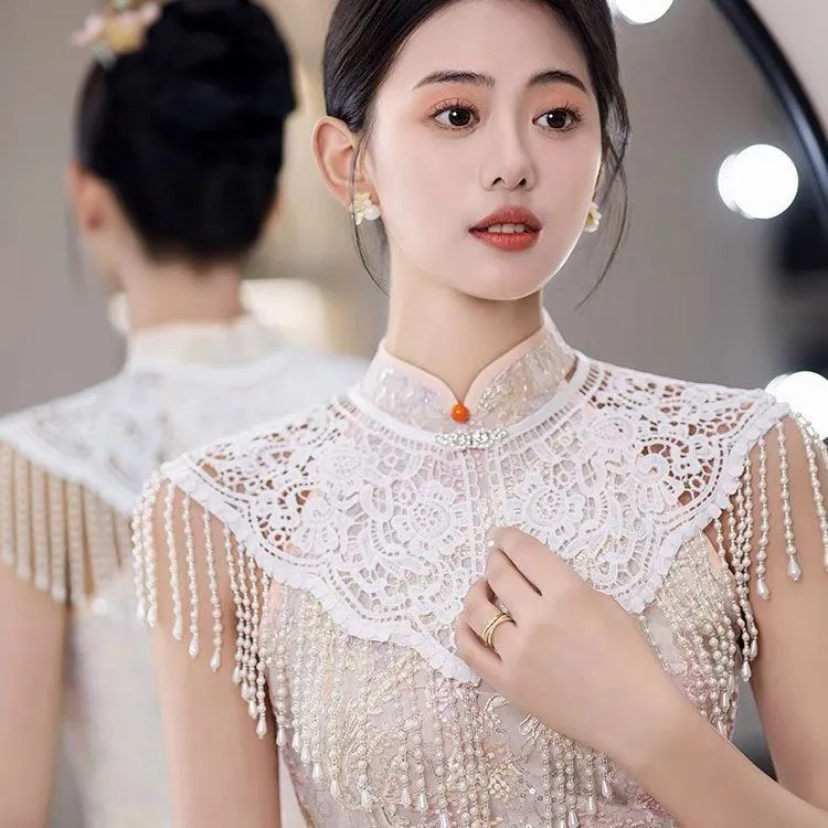 配旗袍珍珠流苏云肩披肩外搭新中式改良复古蕾丝年轻款新娘中国风