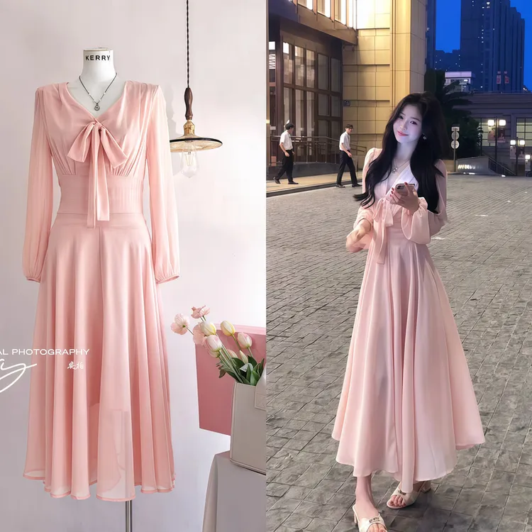 古早美人 2025新款法式绝美气质收腰中长裙显瘦优雅风连衣裙