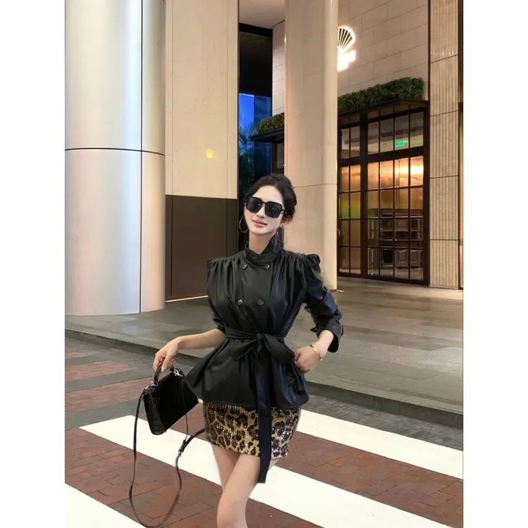时髦伞形褶皱立领黑皮衣气质辣妹气质上衣短外套女豹纹吊带裙套装