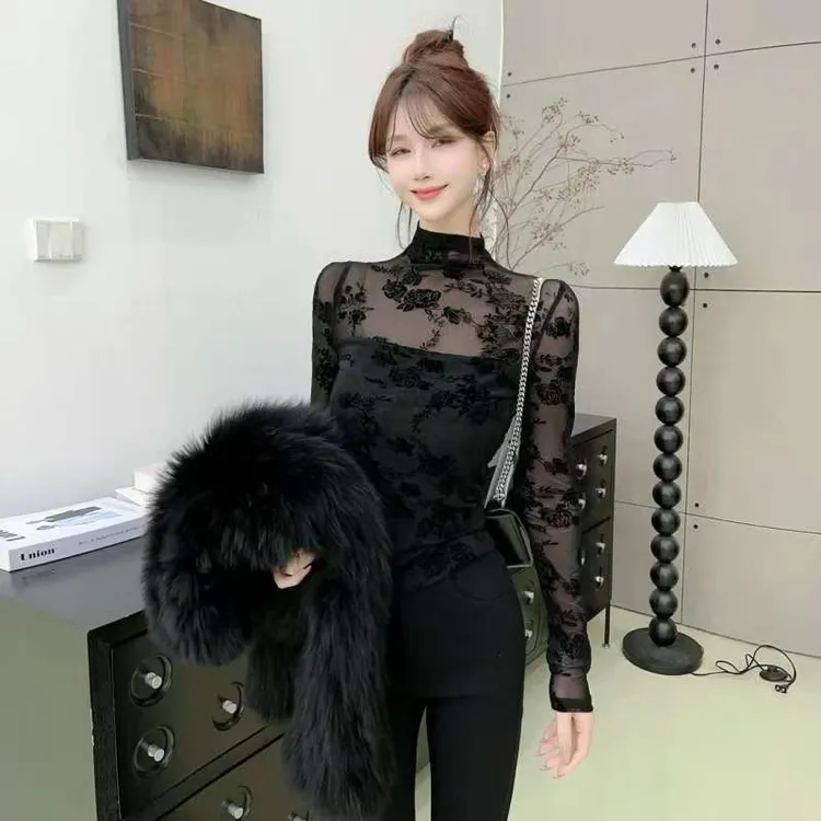 秋冬加绒欧货半高领蕾丝内搭女性高级感微透打底衫百搭长袖上衣