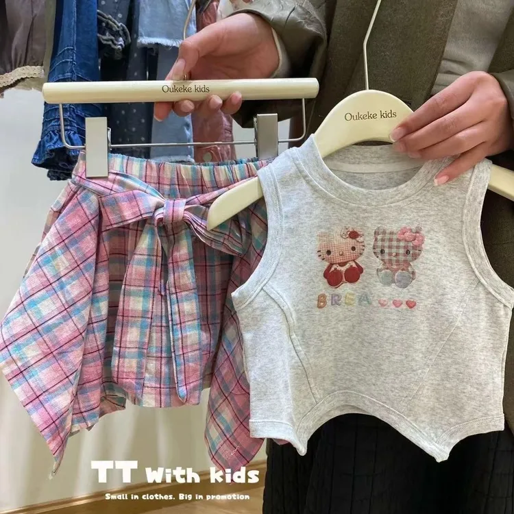 女童夏季套装2025新款儿童宝宝多巴胺穿搭时髦kt猫背心格子半裙裤