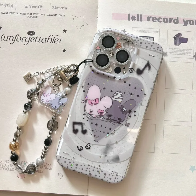 灰色爱心啵啵兔imd双层手机壳适用苹果iPhone16/15/14可爱