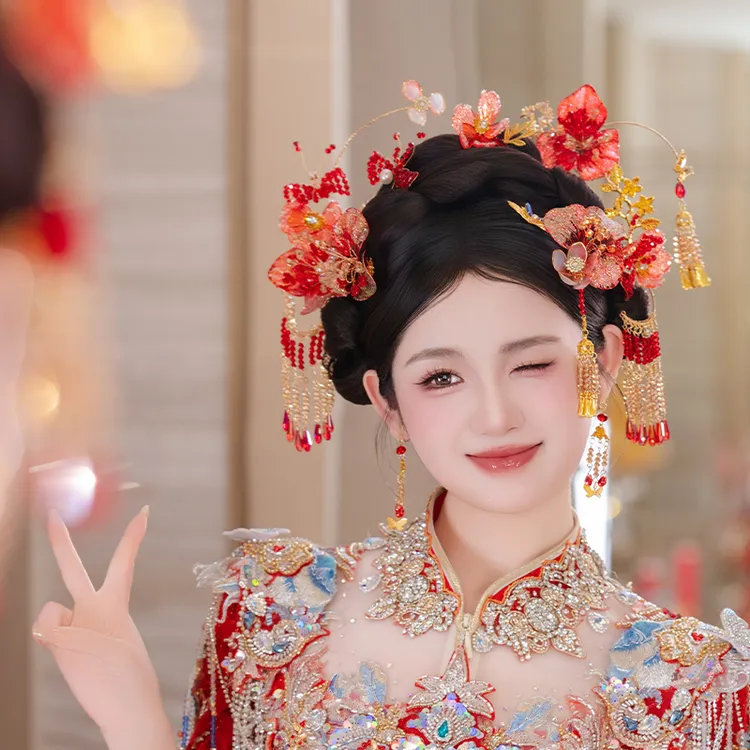 合金婚庆饰品 新娘秀禾结婚气质中式花朵流苏造型龙凤褂配饰D0514