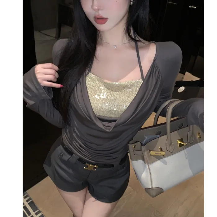 纯欲辣妹亮片挂脖假两件t恤叠穿荡领喇叭袖修身显瘦长袖打底衫
