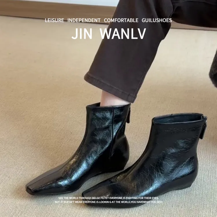 羊皮版~2025秋冬新款法式方头短靴女黑色内增高瘦瘦靴舒适时装靴