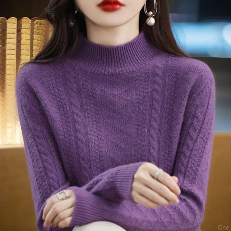鄂尔多斯市半高领加厚100羊毛衫女纯色百搭厚款保暖宽松羊毛毛衣