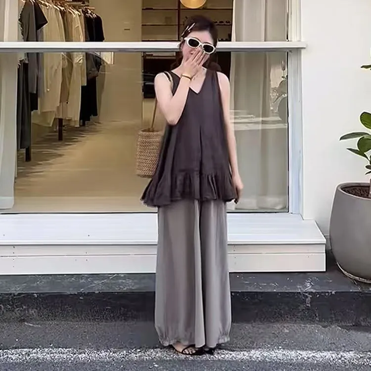 韩系大码百搭木耳边绝美宽松显瘦遮肉上衣裤脚抽褶灯笼裤子套装女