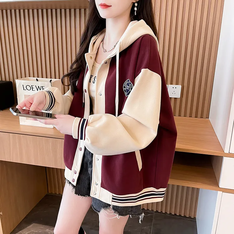 2025拼色棒球设计开衫外套连帽宽松韩版新款学生卫衣女长袖上衣潮