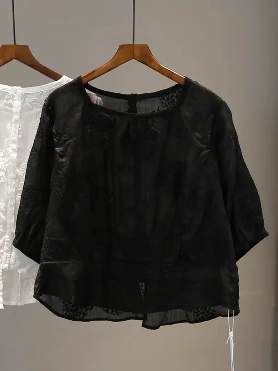 夏季森系民族风方领重工刺绣麻料后排扣文艺清新衬衫