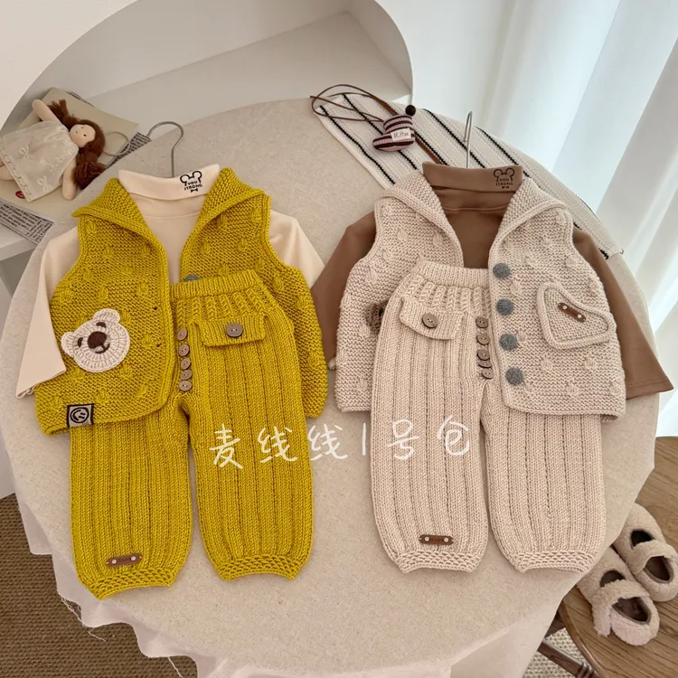 39#+34#纯色（小爱心口袋豆豆花马甲+森系休闲裤）材料包手工毛线