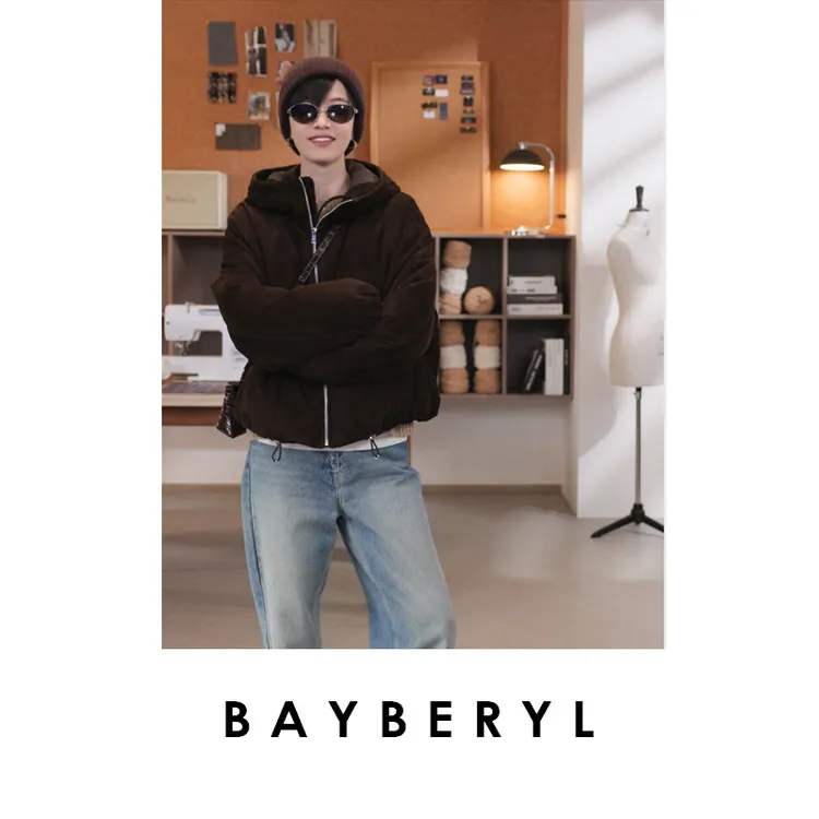 BAYBERYL老贝脏脏包*连帽抽绳短款时尚秋棕皮羽绒服PY5I2706
