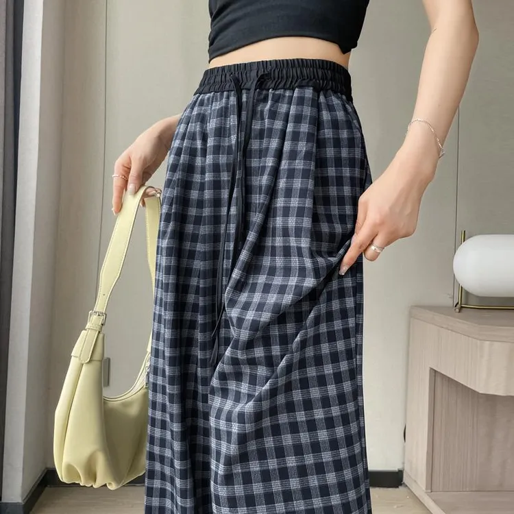 雪千羽复古格子阔腿裤女夏薄小个子高腰宽松休闲直筒垂感拖地裤子