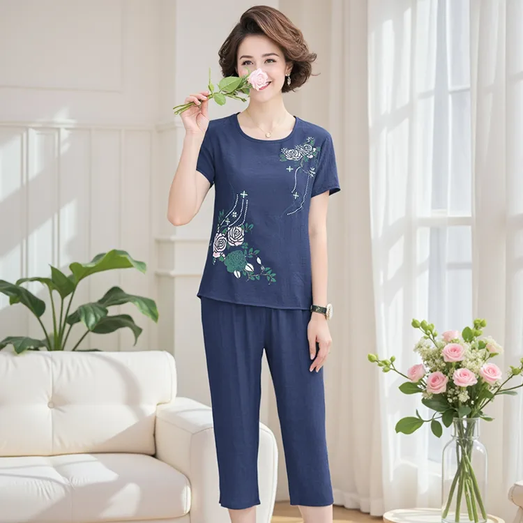 夏季妈妈装棉麻短袖睡衣套装夏装女装中老年奶奶装两件套装老太太