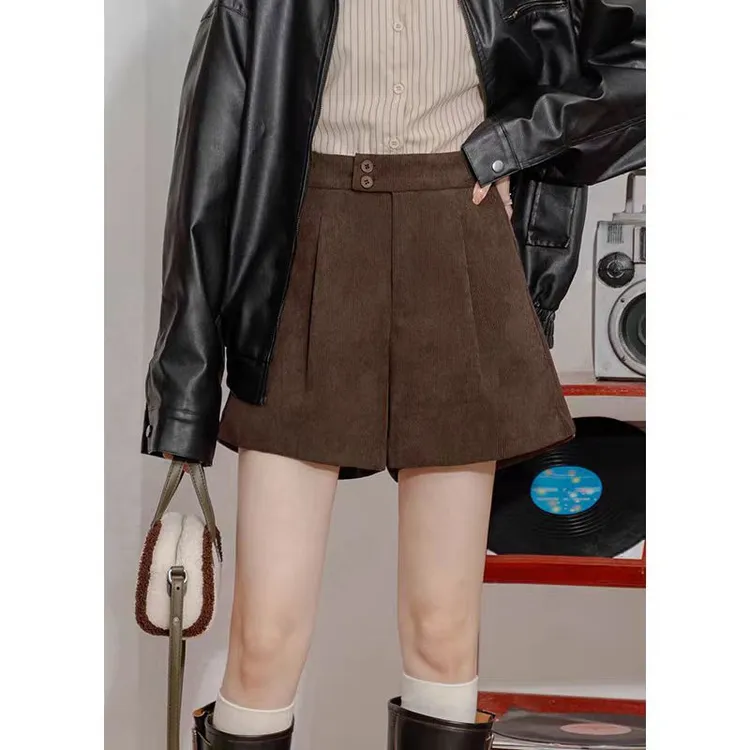 咖色复古高腰灯芯绒阔腿短裤女秋冬外穿休闲裤宽松百搭条绒A字裤