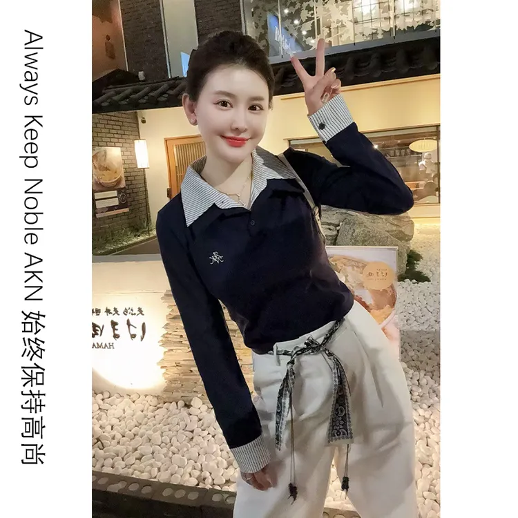 艾珂妮8030【学院风上衣】学院风纯色拼接短款长袖气质假两件衬衫