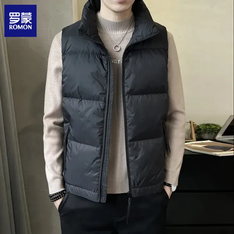罗蒙鸭绒亮面羽绒马甲秋冬外穿潮流纯色无袖男装马夹背心坎肩外套