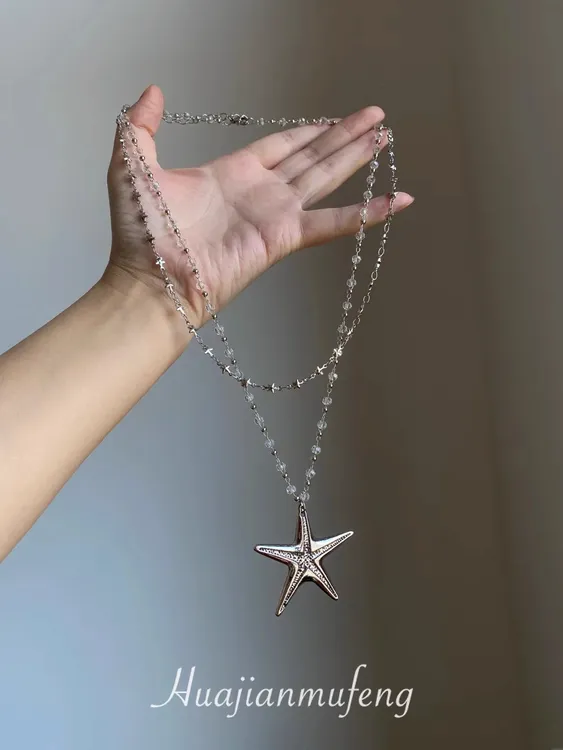 铜合金项链 叠戴双层银色海星吊坠项链千禧辣妹风毛衣链颈链新款