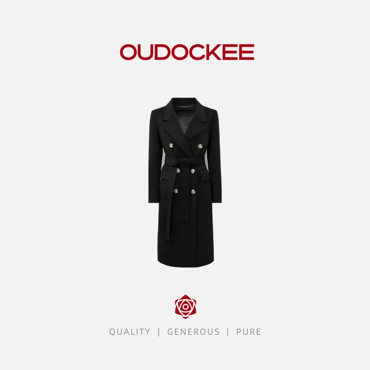 OUDOCKEE 鸥鸥【100绵羊毛】长款韩系高级感呢子 黑大衣 DACX664T