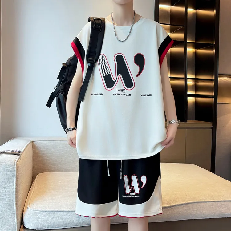 夏季新款青少年无袖背心套装潮流时尚休闲运动帅气背心短裤两件套