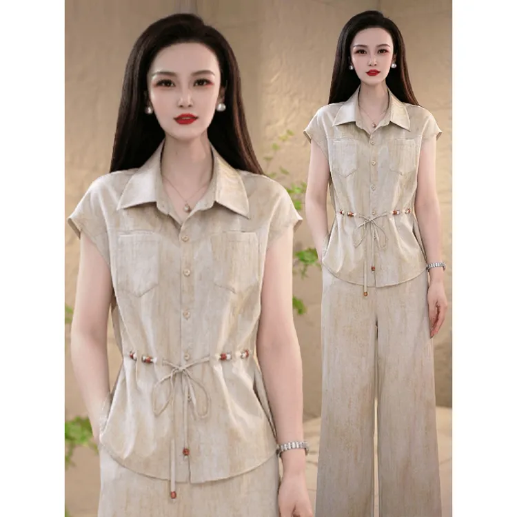 新款夏季时尚高级感轻职简约知性垂感纯色百搭套裤两件套